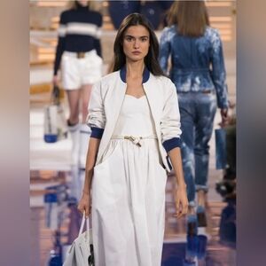 Ralph Lauren Collection White Linen Blend Navy Bomber Jacket